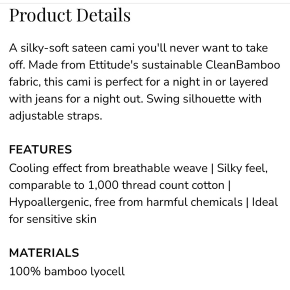 Ettitude Cami 100% Bamboo Rose FabFitFun flowy luxe sateen style soft sexy top - Picture 7 of 10